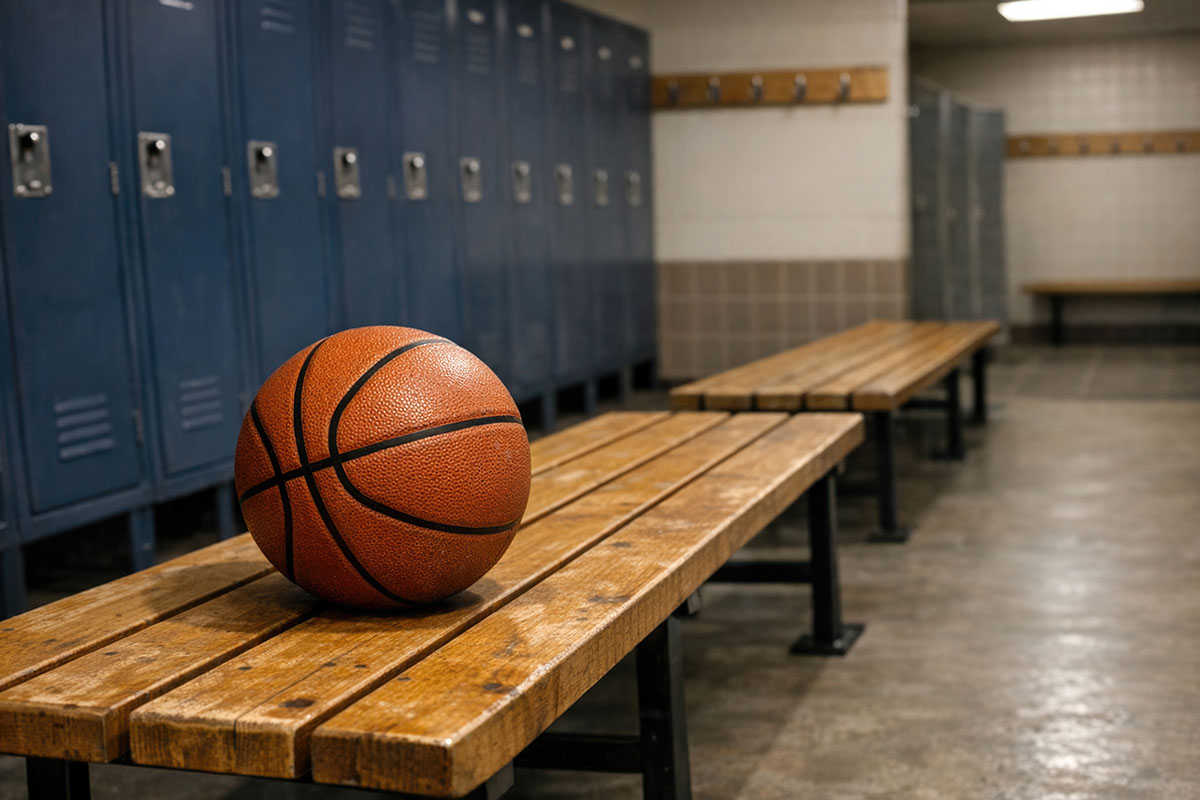 basketball on bench in gym locker room